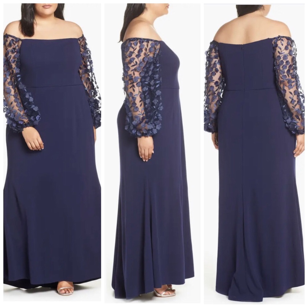 NWOT Eliza J 3 D Floral Sleeve Scuba Crepe Gown Navy Size 18